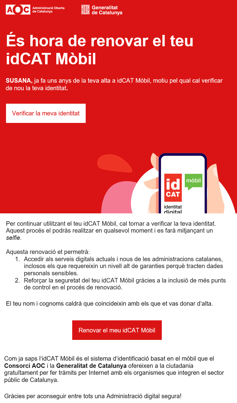 email de notification pour renouveler le Mobile idCat