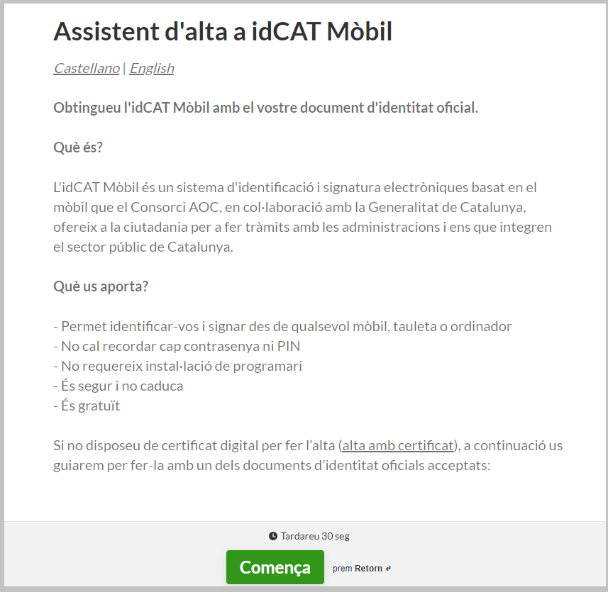 Assistant d'inscription Web idCAT Mobil avec le bouton commence en bas.png