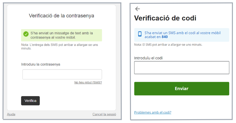 procés d'identificació amb el SMS de VÀLid1 o VÀLid2