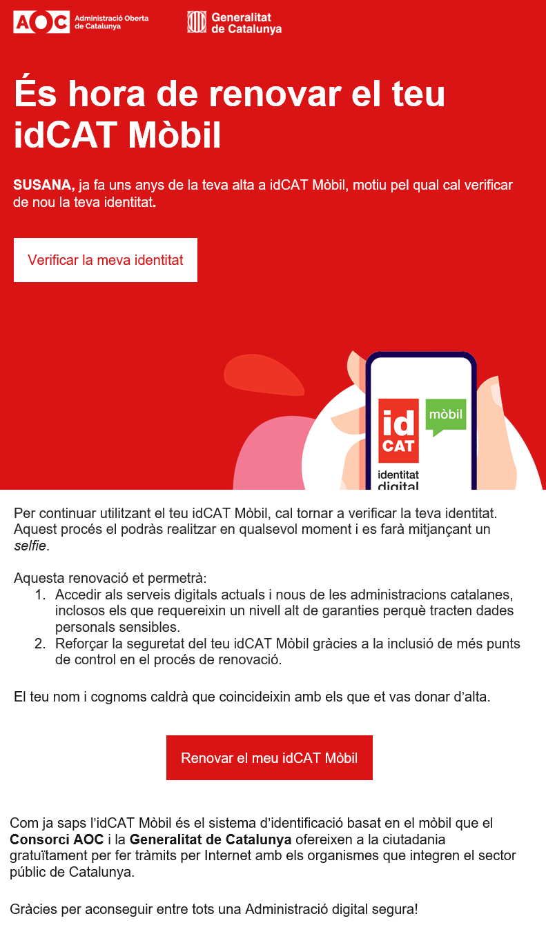 email de notificação para renovar o Mobile idCat